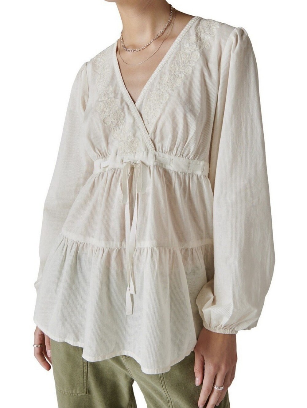 L Lucky Brand Boho Embroidered Cream Top